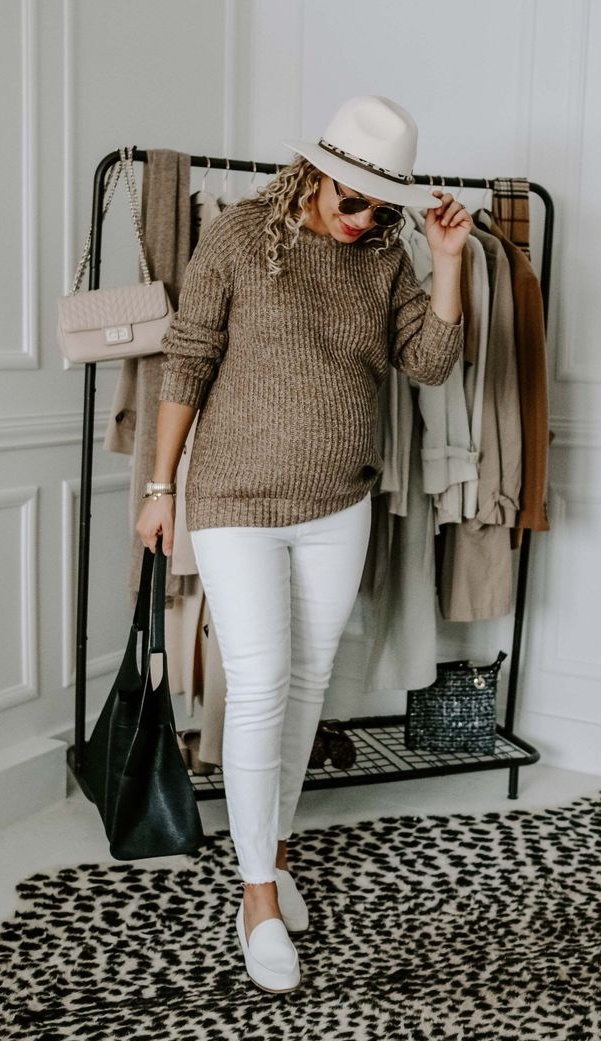11. Mocha Chunky Knit Sweater With White Skinny Jeans and Loafers