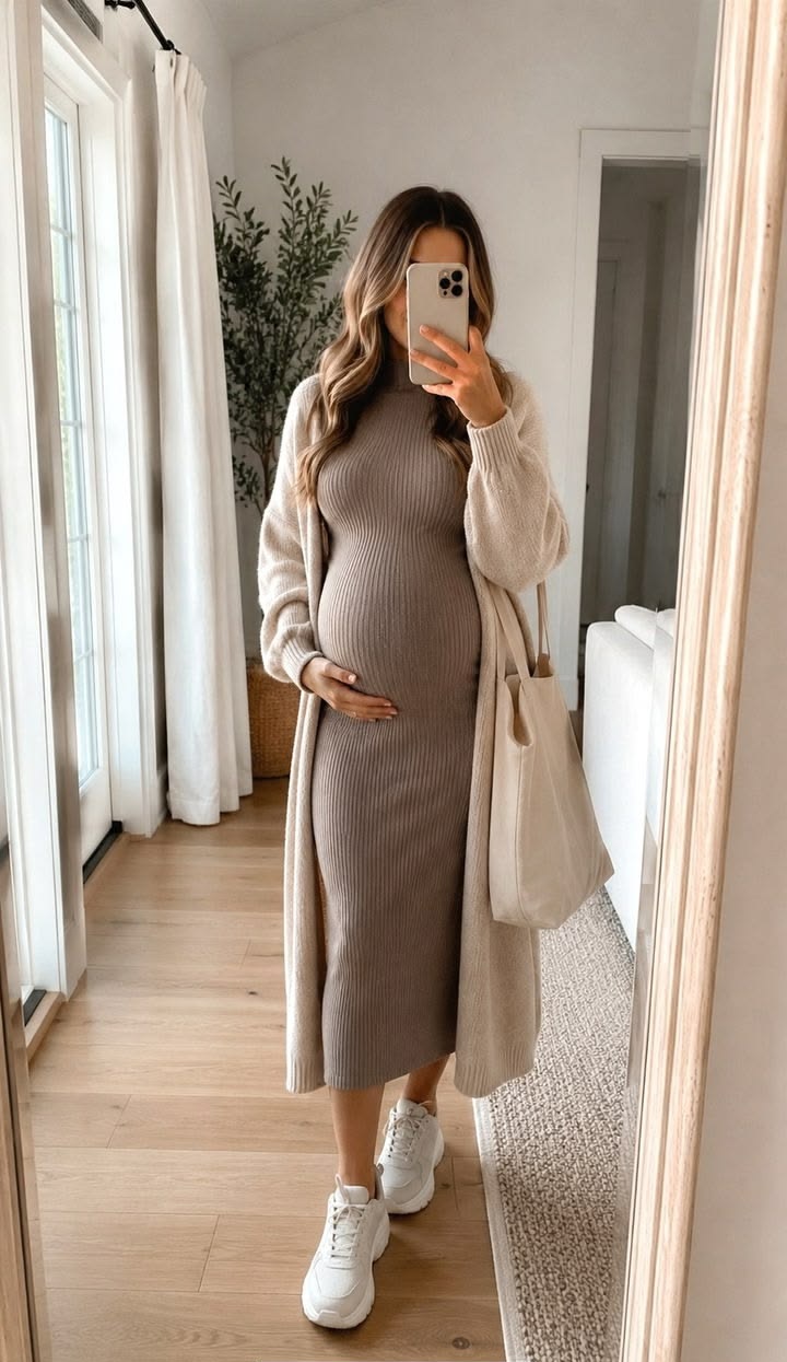 14. Chunky White Sneakers Dress Down a Mocha Turtleneck Midi Dress
