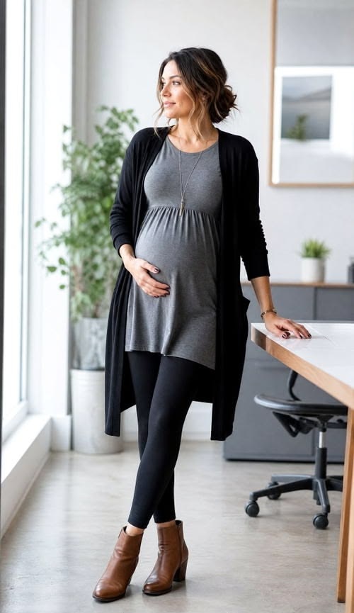 15. Office-Ready Gray Babydoll Tunic With Leggings and a Black Duster