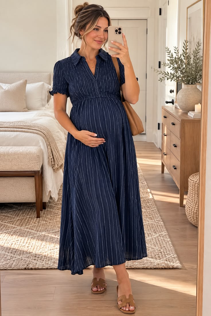17. Navy Pinstripe Maxi Shirt Dress With Puff Sleeves and Slides