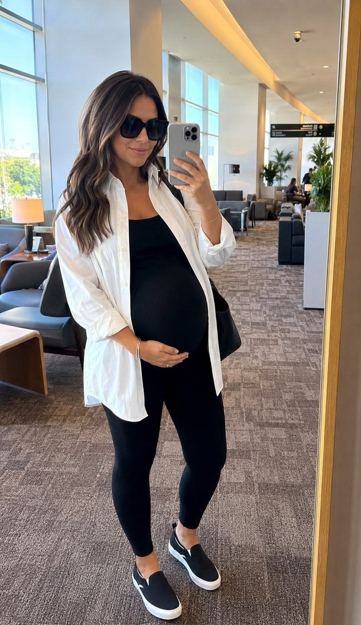 20. Airport Outfit: White Button-Down, Black Ribbed Tank and Leggings