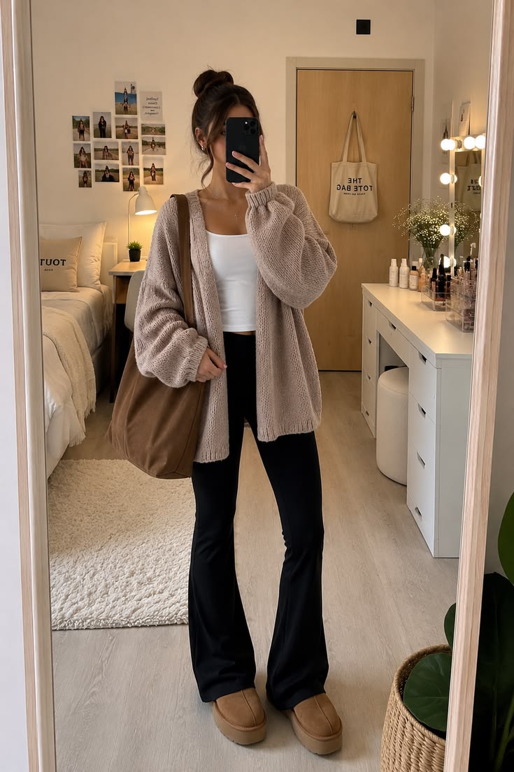 1. Taupe Open-Knit Cardigan Over Black Flare Leggings and Platform Slippers