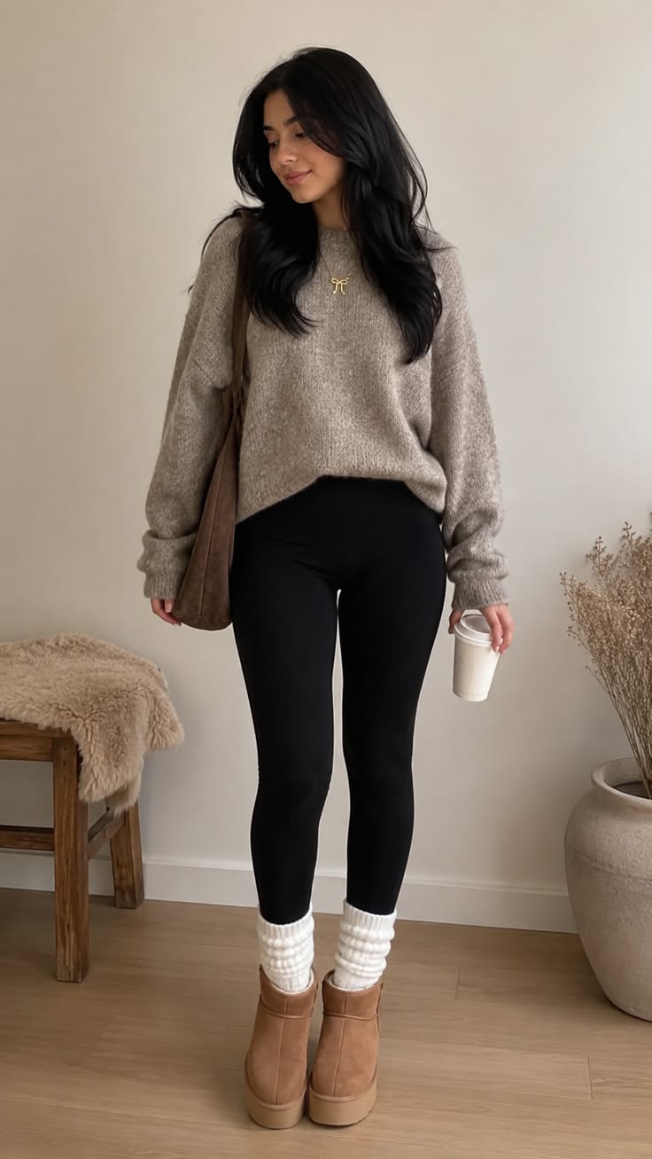 2. Oatmeal Oversized Crewneck Sweater With Black Leggings and Slouch Socks