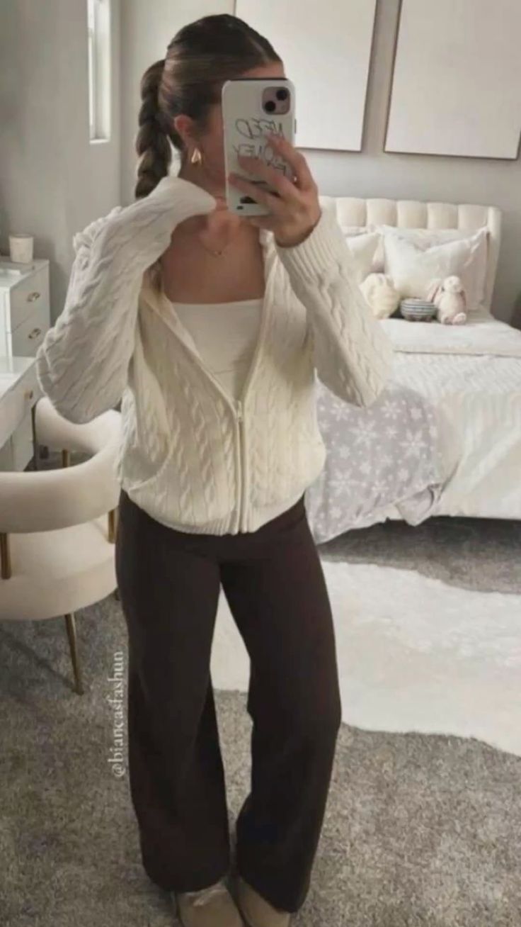 4. Cream Cable-Knit Zip Hoodie and Chocolate Wide-Leg Pants