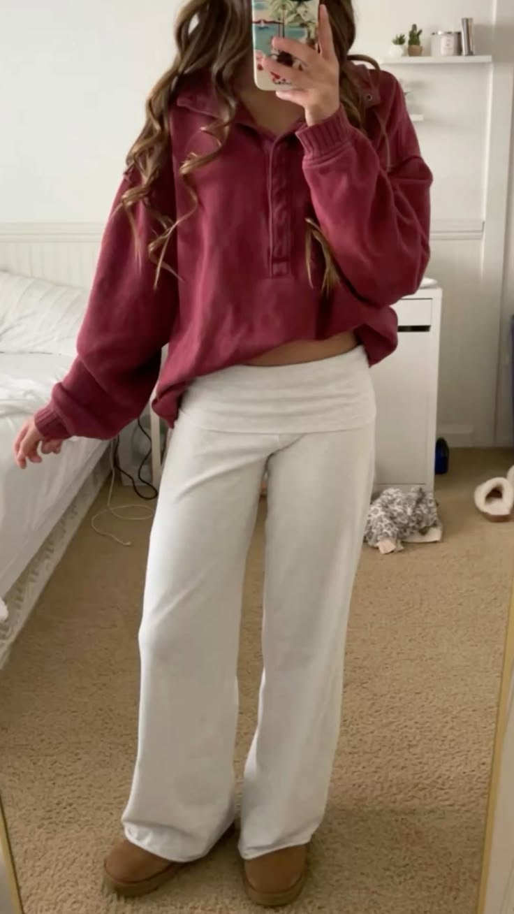5. Cranberry Half-Snap Sweatshirt With Gray Fold-Over Lounge Pants