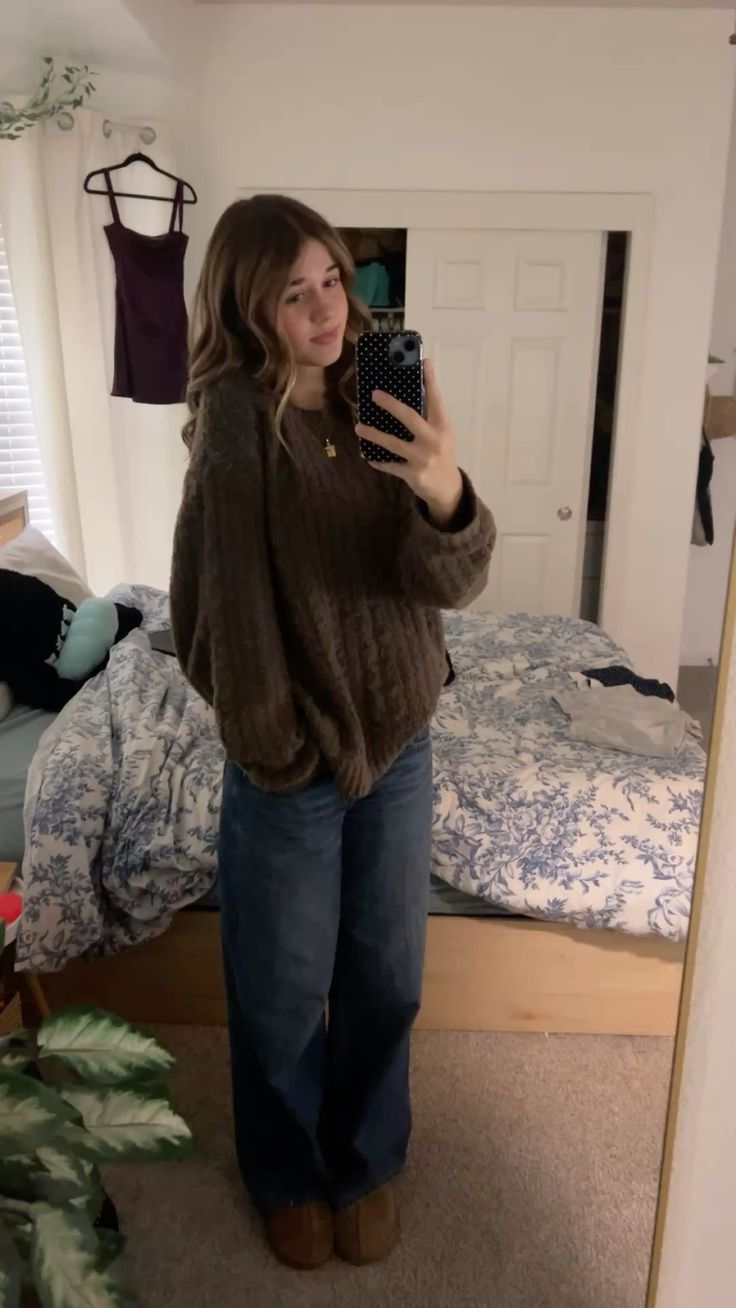 8. Chocolate Brown Chunky Knit Sweater With Dark-Wash Wide-Leg Jeans
