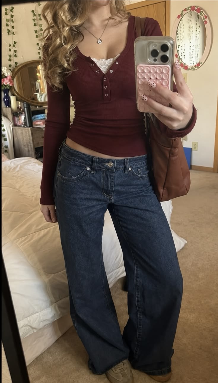 11. Burgundy Ribbed Henley Top With Low-Rise Baggy Dark Jeans