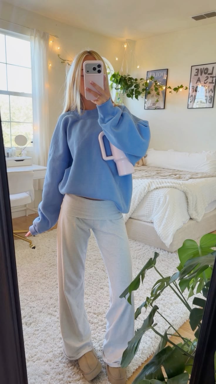 14. Cornflower Blue Crewneck Sweatshirt and Gray Fold-Over Flare Pants