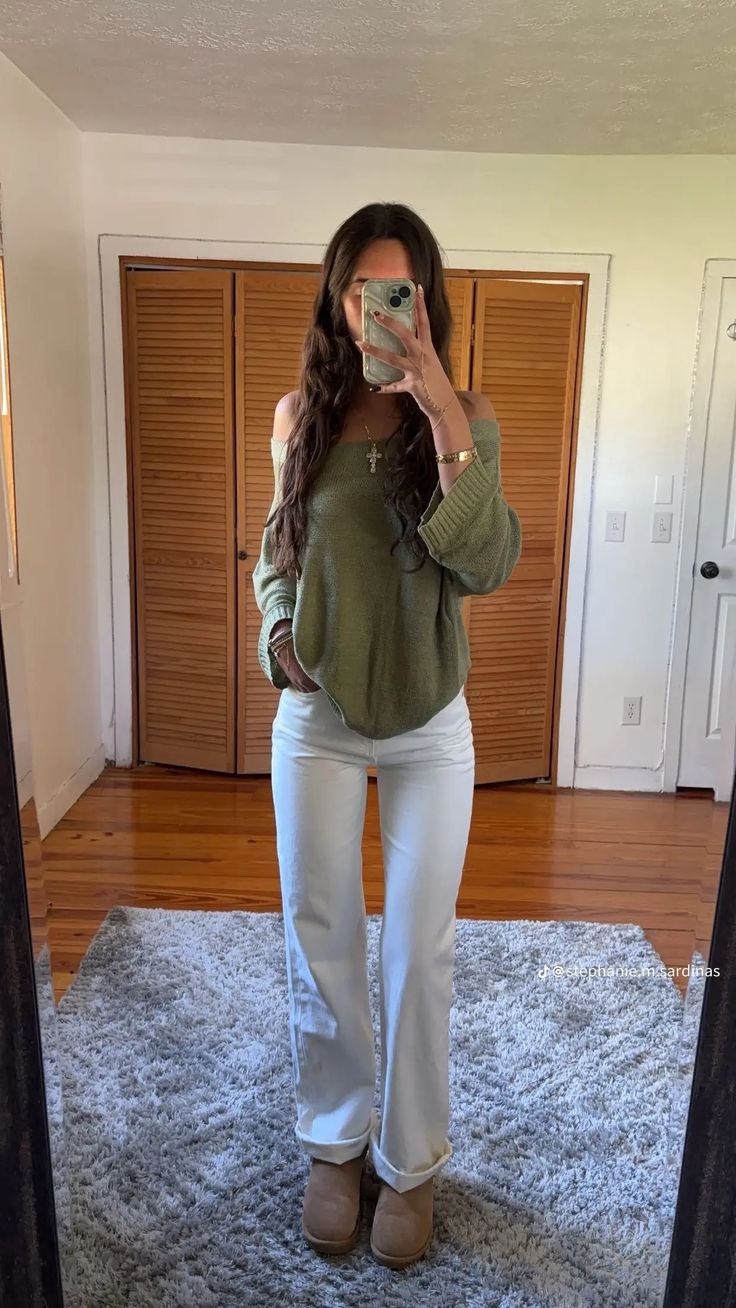 19. Sage Off-Shoulder Slouchy Sweater With Cuffed White Jeans