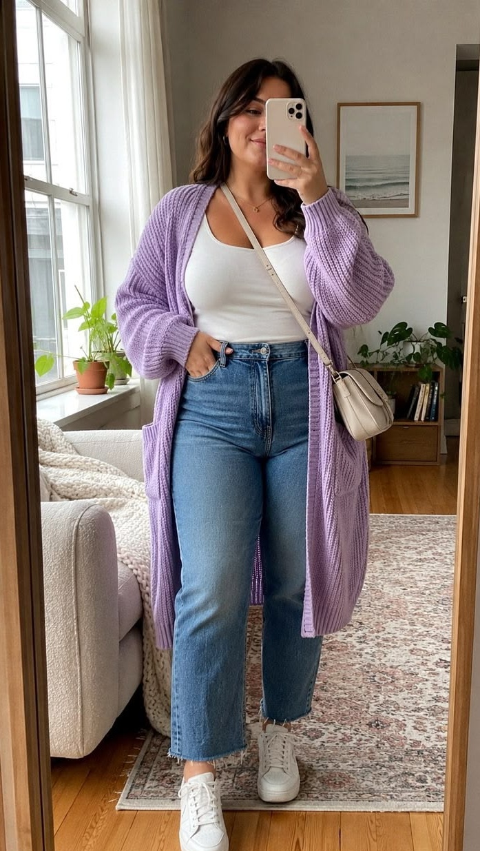 1. Lilac Longline Cardigan Over a White Tank and Cropped Straight Jeans