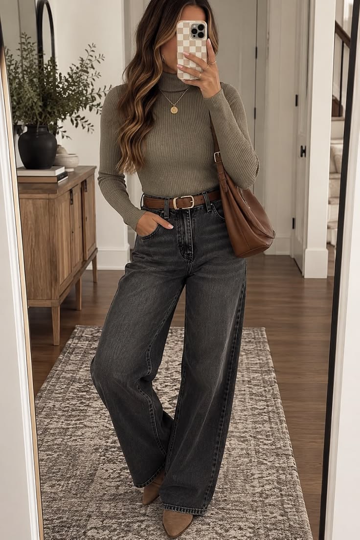 6. Olive Ribbed Turtleneck Tucked Into Washed Black Wide-Leg Jeans