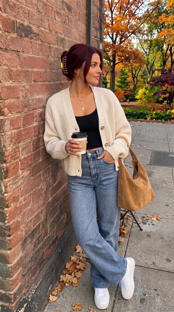 7. Waffle-Knit Cropped Cardigan in Cream Over a Black Tank and Straight Jeans