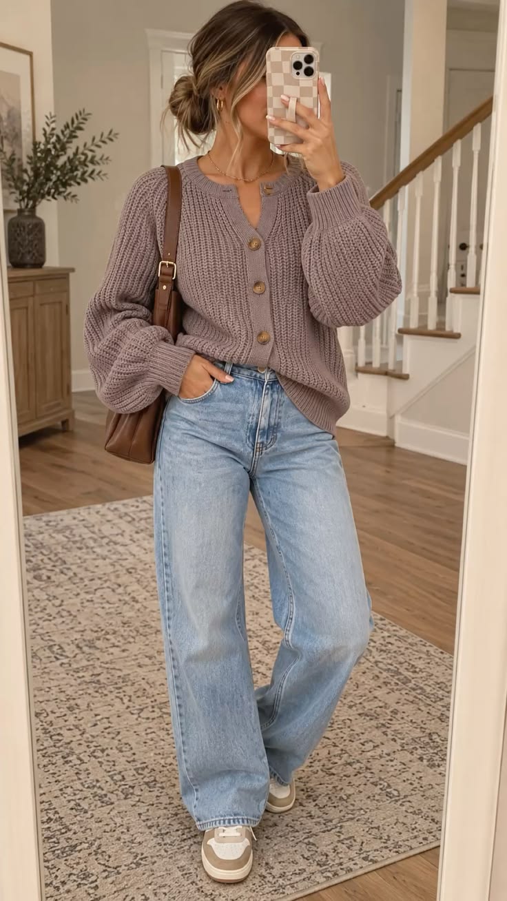 8. Mauve Chunky Button-Front Sweater, Light Wide-Leg Jeans, and Retro Sneakers