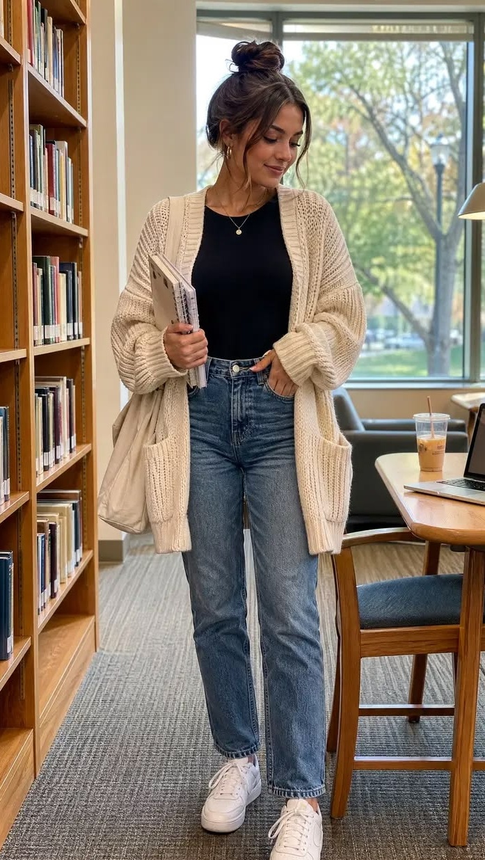 10. Oversized Cream Open-Knit Cardigan and Black Tee for Library Days