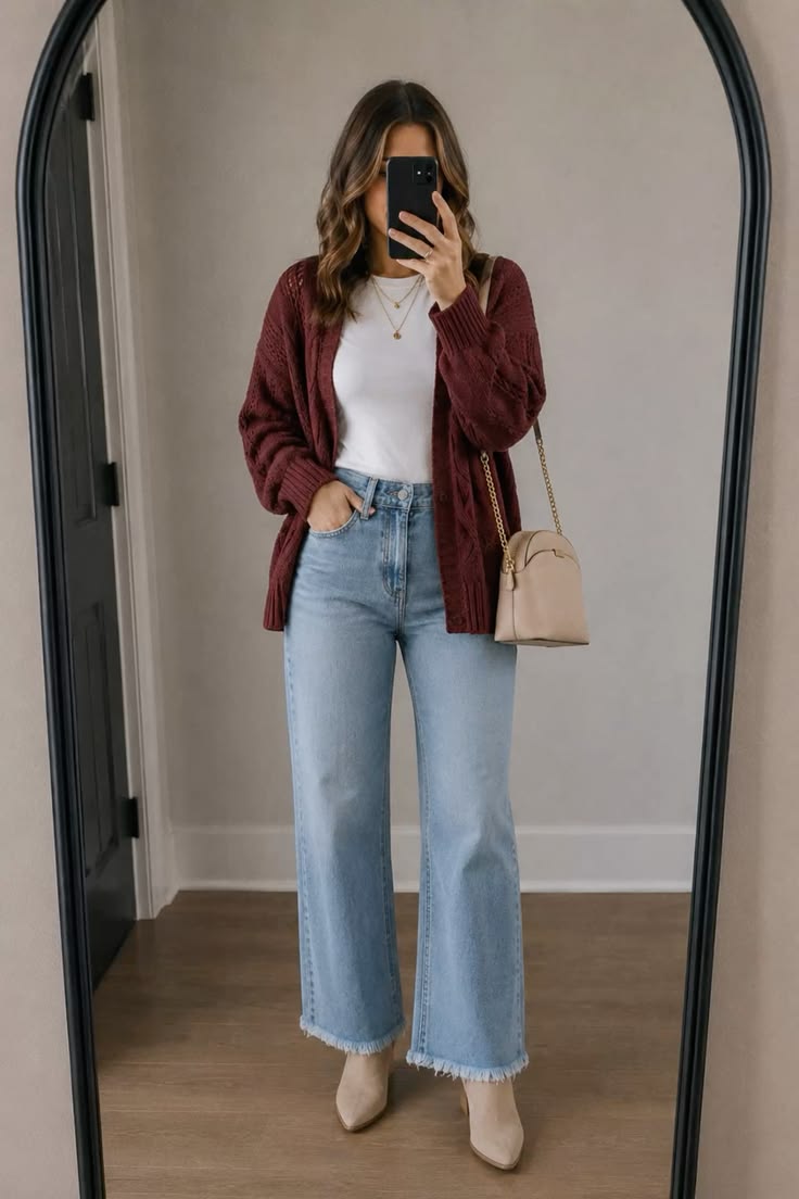 12. Burgundy Cable-Knit Cardigan, White Tee, and Frayed Wide-Leg Cropped Jeans
