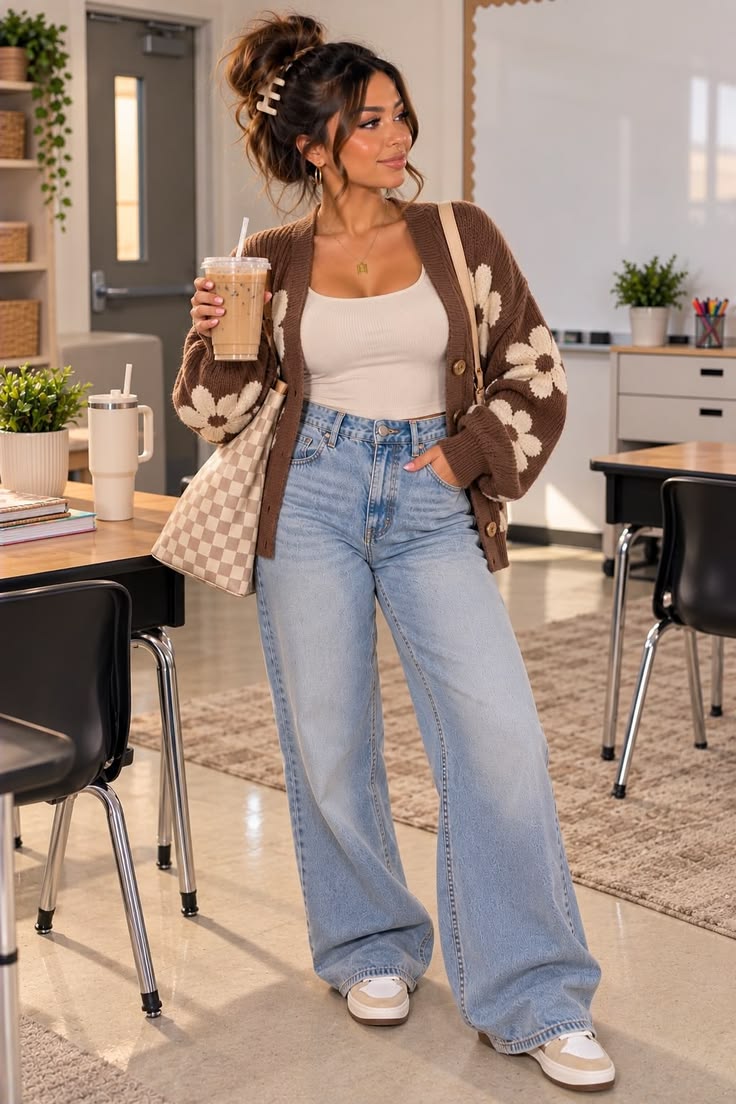 13. Daisy-Print Brown Cardigan and Baggy Light-Wash Jeans With Checkered Tote