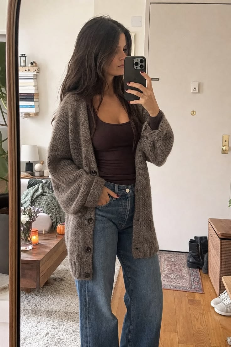 15. Mohair Taupe Boyfriend Cardigan Over an Espresso Top and Dark Jeans