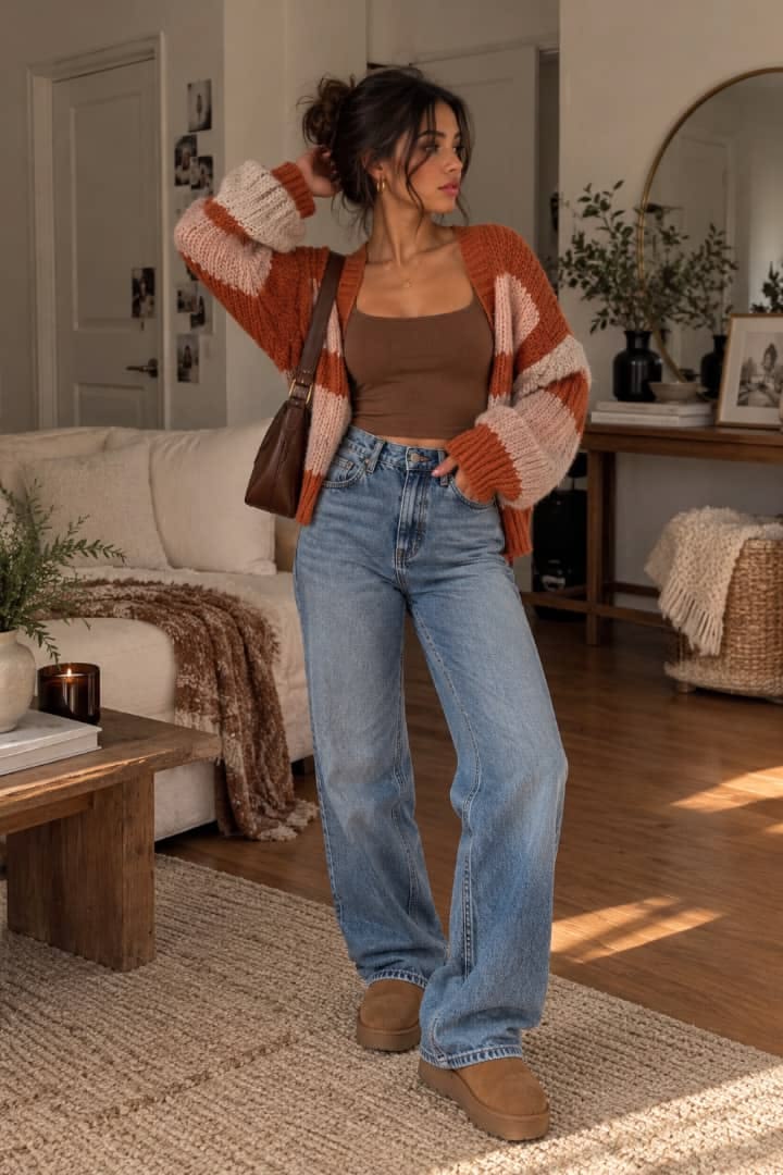 16. Rust-Striped Cropped Cardigan, Brown Cami, and Baggy Jeans With Platform Boots