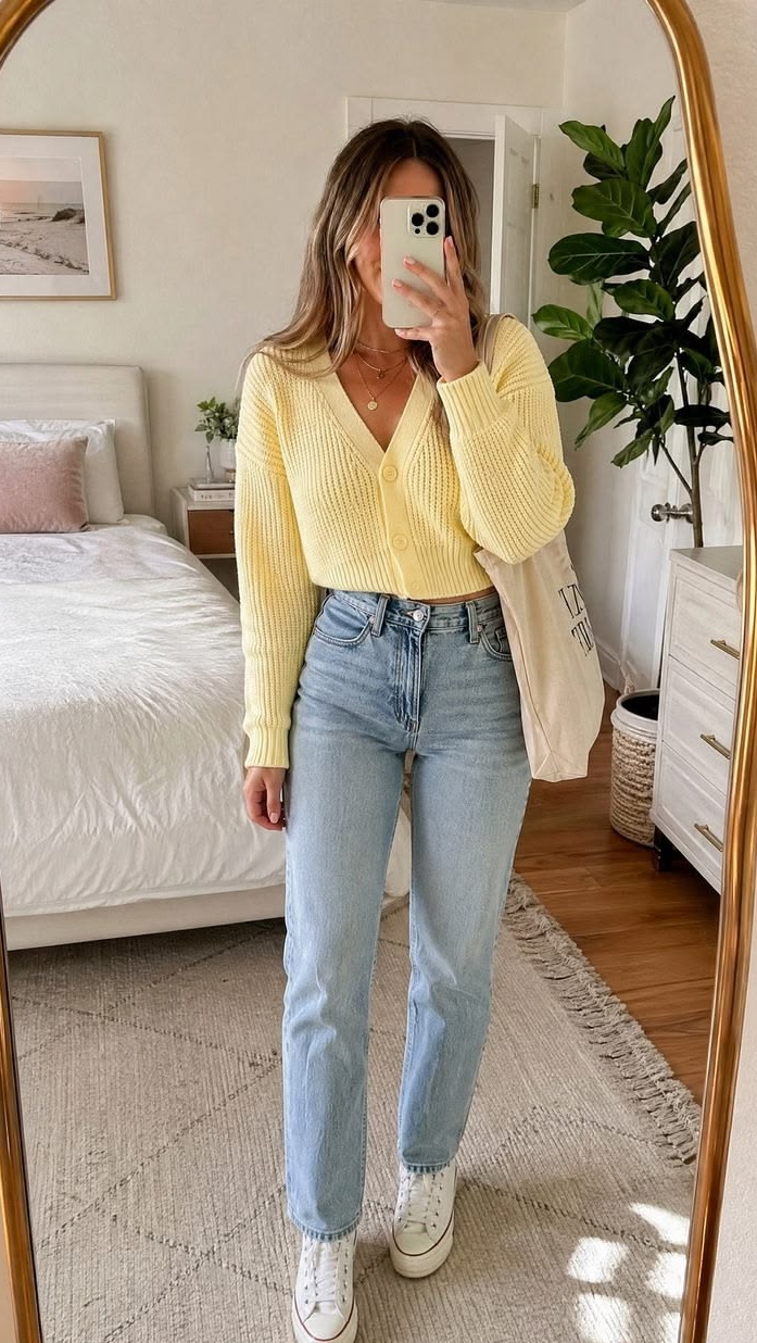 17. Butter Yellow Buttoned Cardigan Worn as a Top With High-Top Sneakers