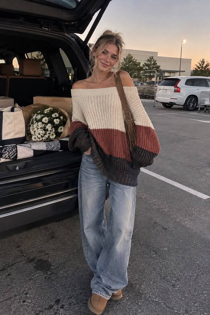 18. Colorblock Off-Shoulder Knit in Cream, Rust, and Charcoal With Baggy Jeans