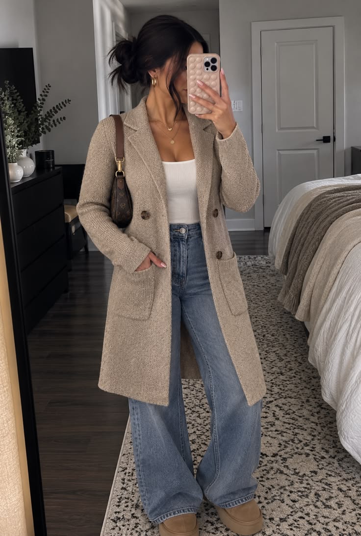 19. Double-Breasted Oatmeal Sweater Coat With Wide-Leg Jeans and Mini Boots