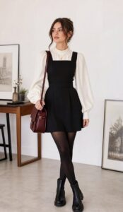 1. Black Pinafore Mini Dress Over a Cream Puff-Sleeve Blouse