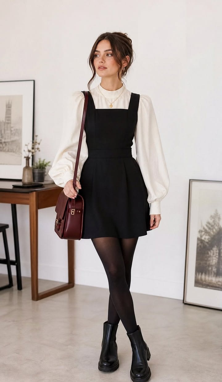 1. Black Pinafore Mini Dress Over a Cream Puff-Sleeve Blouse