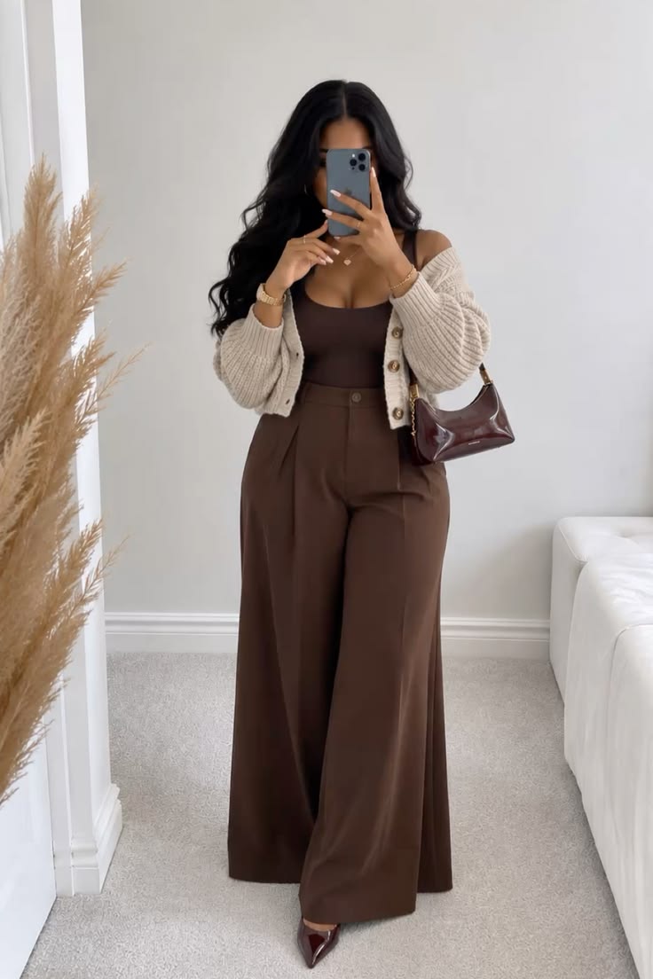 2. Chocolate Wide-Leg Trousers With a Matching Bodysuit and Cropped Cardigan