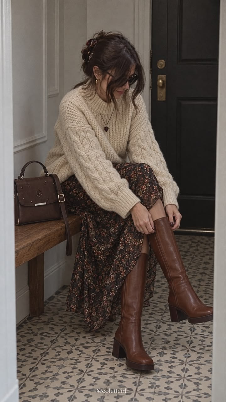 3. Cream Cable-Knit Turtleneck and Dark Floral Maxi Skirt With Cognac Boots