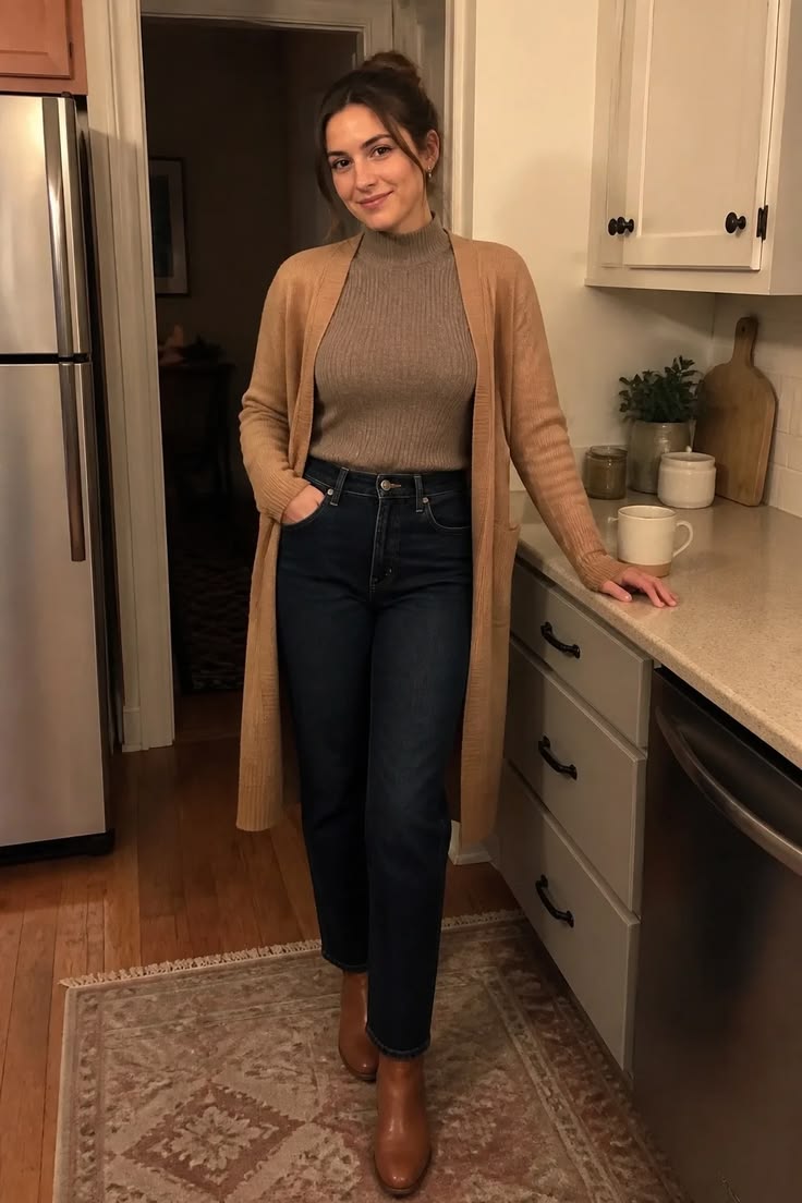 6. Taupe Mock-Neck, Camel Long Cardigan and Dark Straight-Leg Jeans