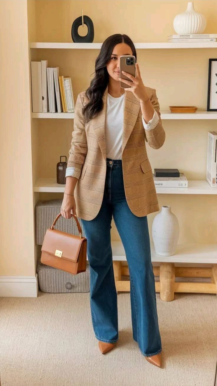 8. White Tee and Wide-Leg Jeans Under a Camel Plaid Blazer for Casual Friday