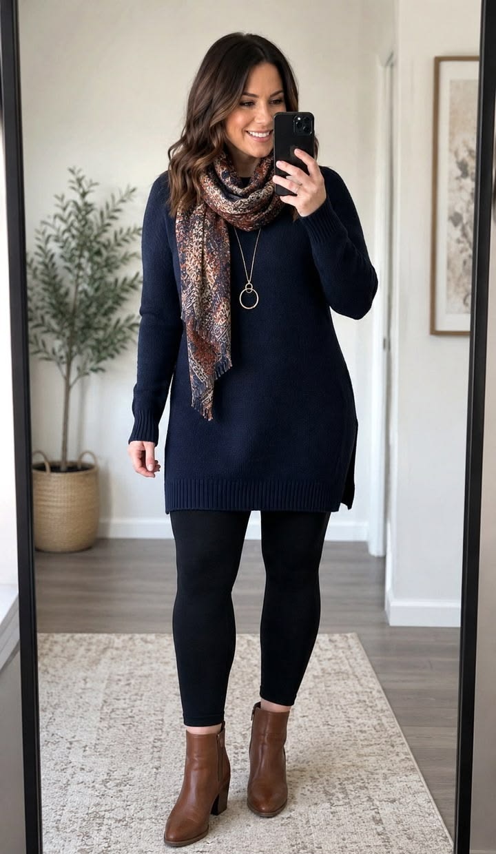 9. Navy Tunic Sweater and Black Leggings Styled With a Paisley Scarf