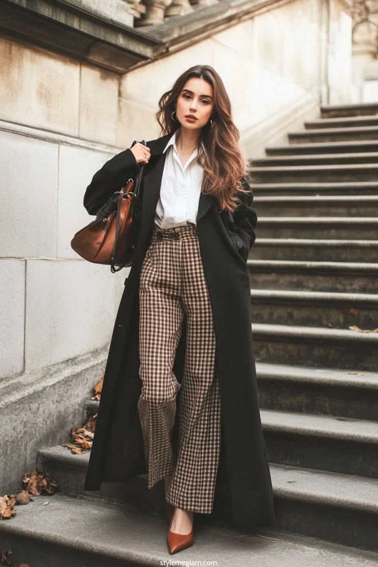 11. Gingham Wide-Leg Trousers Under a Black Maxi Coat for Client Meetings