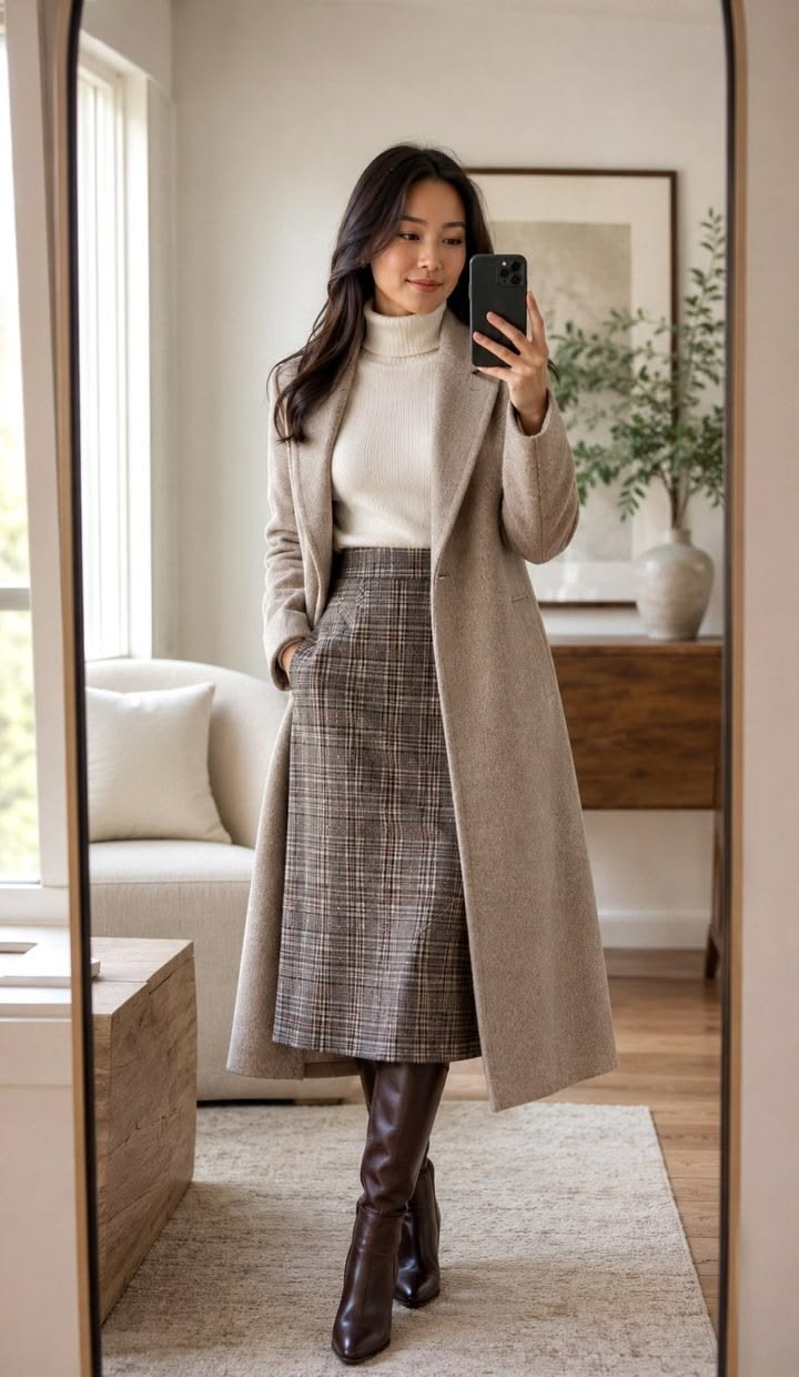 15. Long Oatmeal Wool Coat Over a Plaid Midi Skirt and Cream Turtleneck