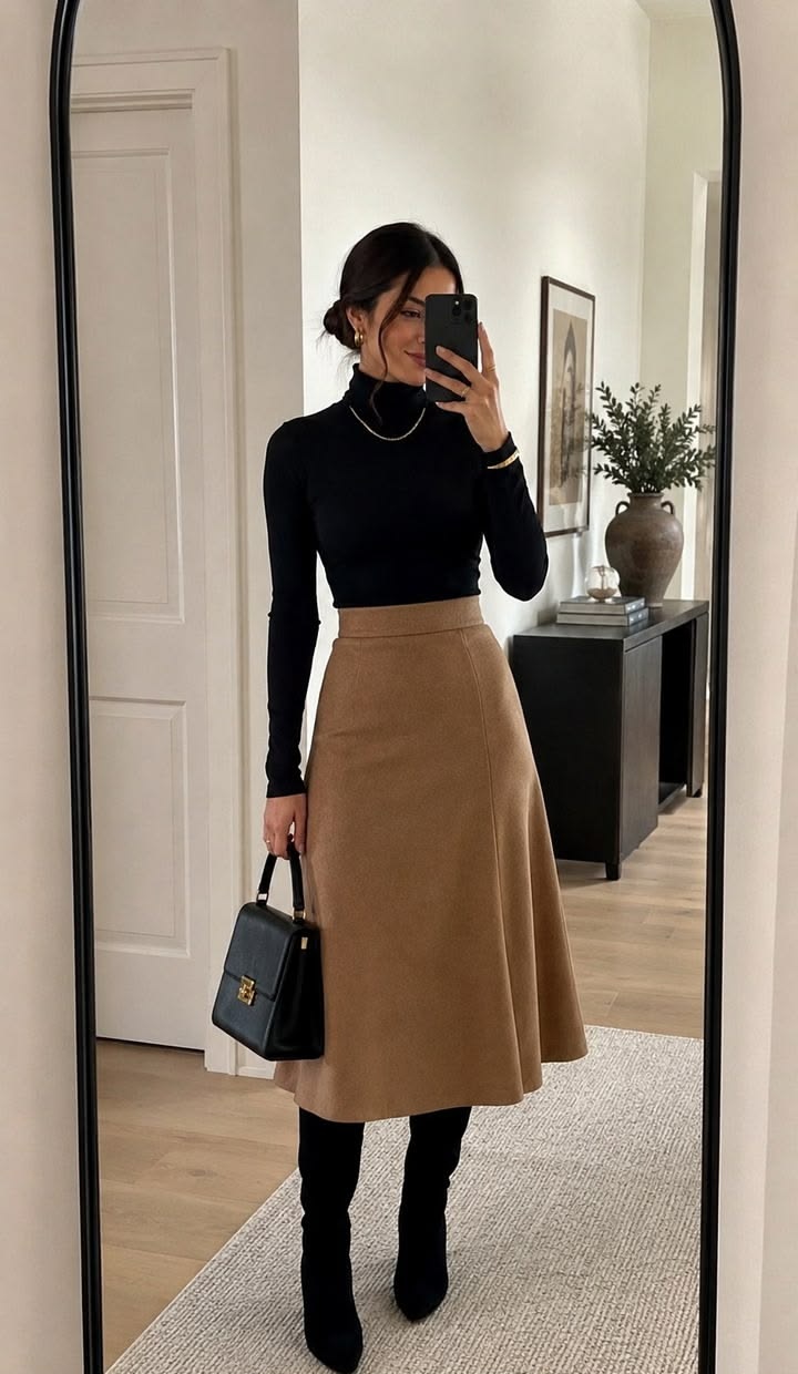 16. Camel A-Line Midi Skirt With a Black Turtleneck and Knee Boots