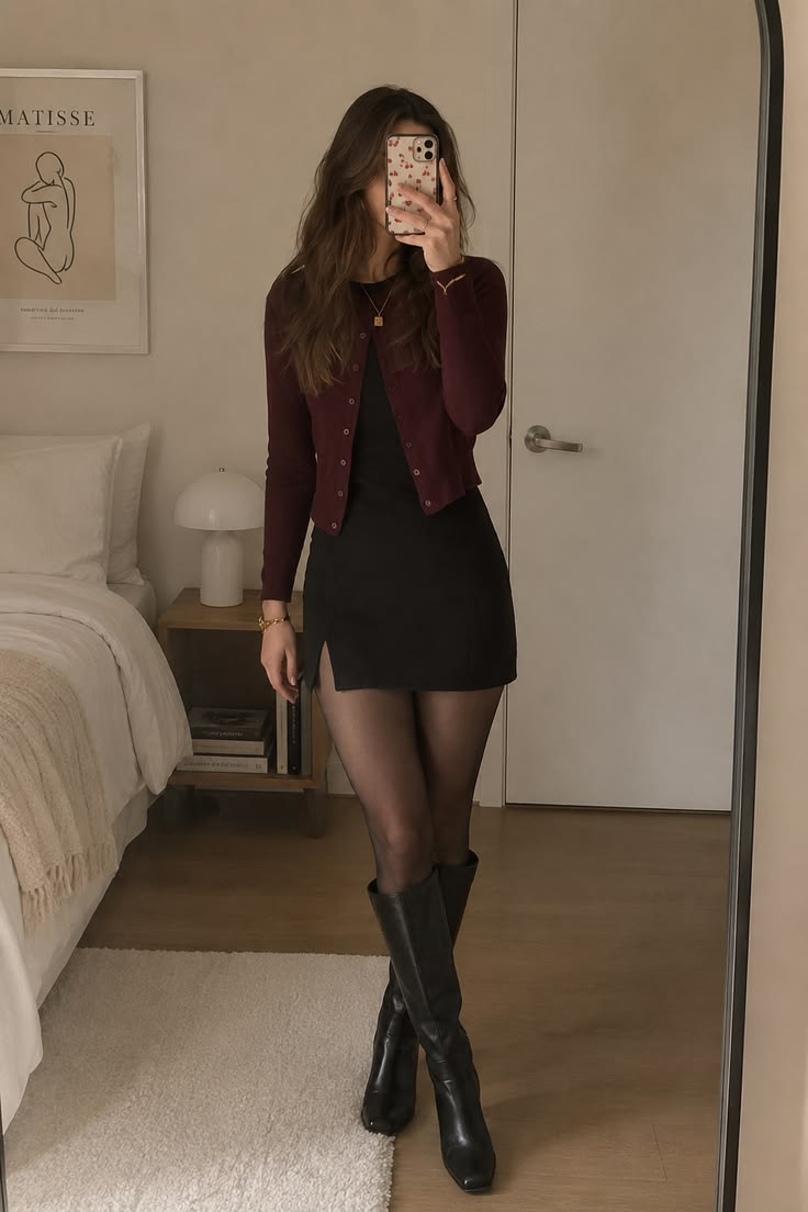 2. Burgundy Cropped Cardigan Over a Black Slit Mini Dress
