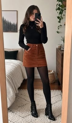 5. Rust Corduroy Mini Skirt With a Fitted Black Turtleneck