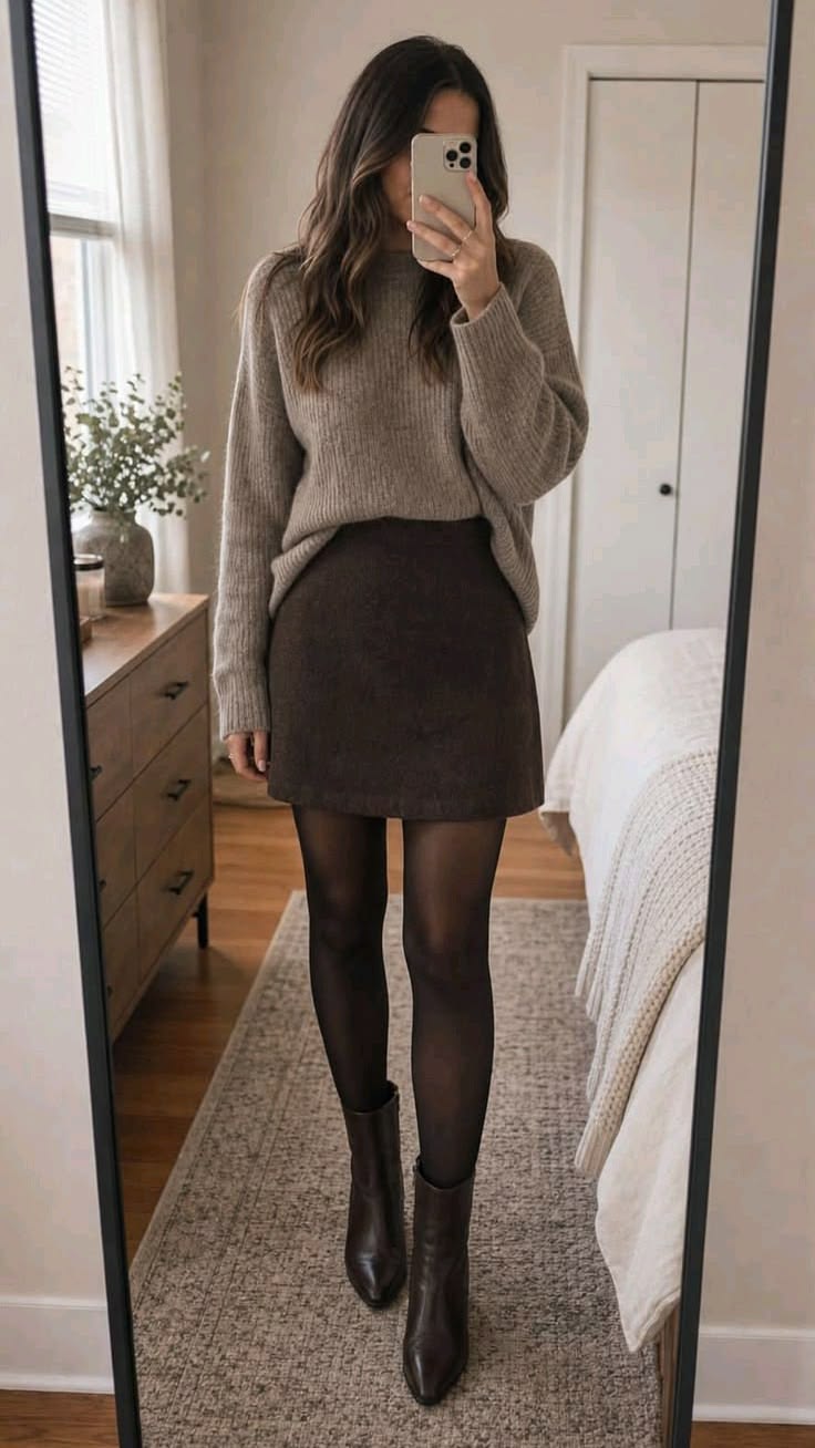 6. Oversized Taupe Sweater Front-Tucked Into a Brown Wool Mini