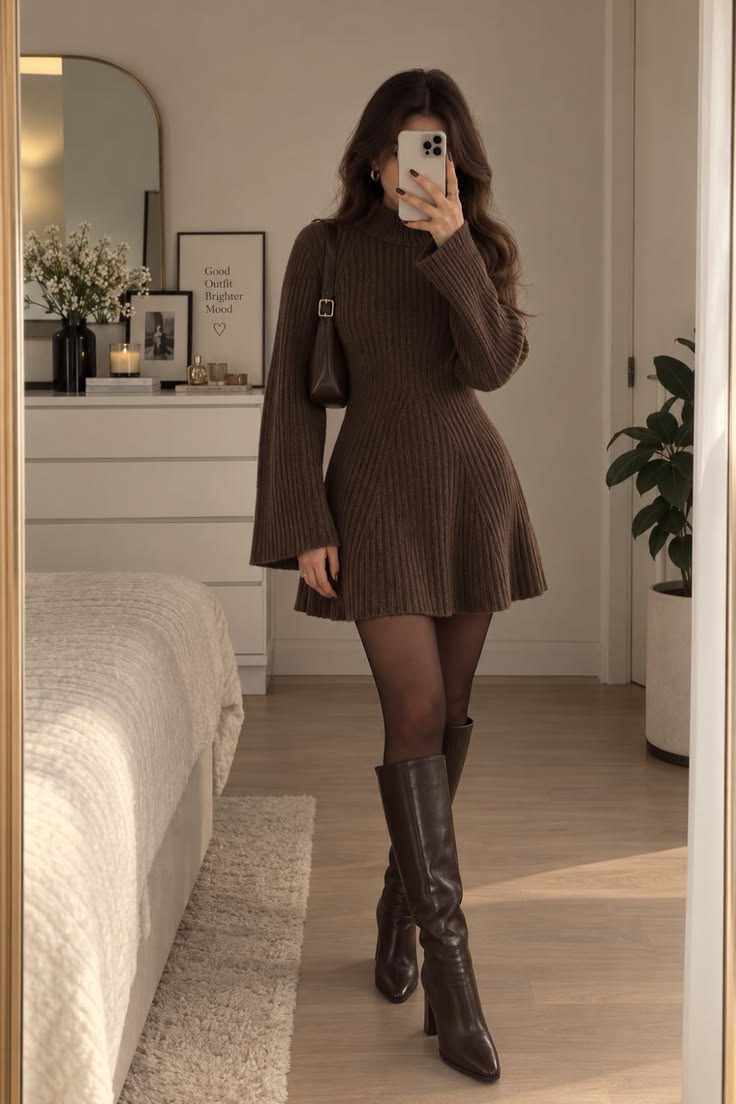 7. Chocolate Ribbed Knit Dress With Bell Sleeves and Knee Boots