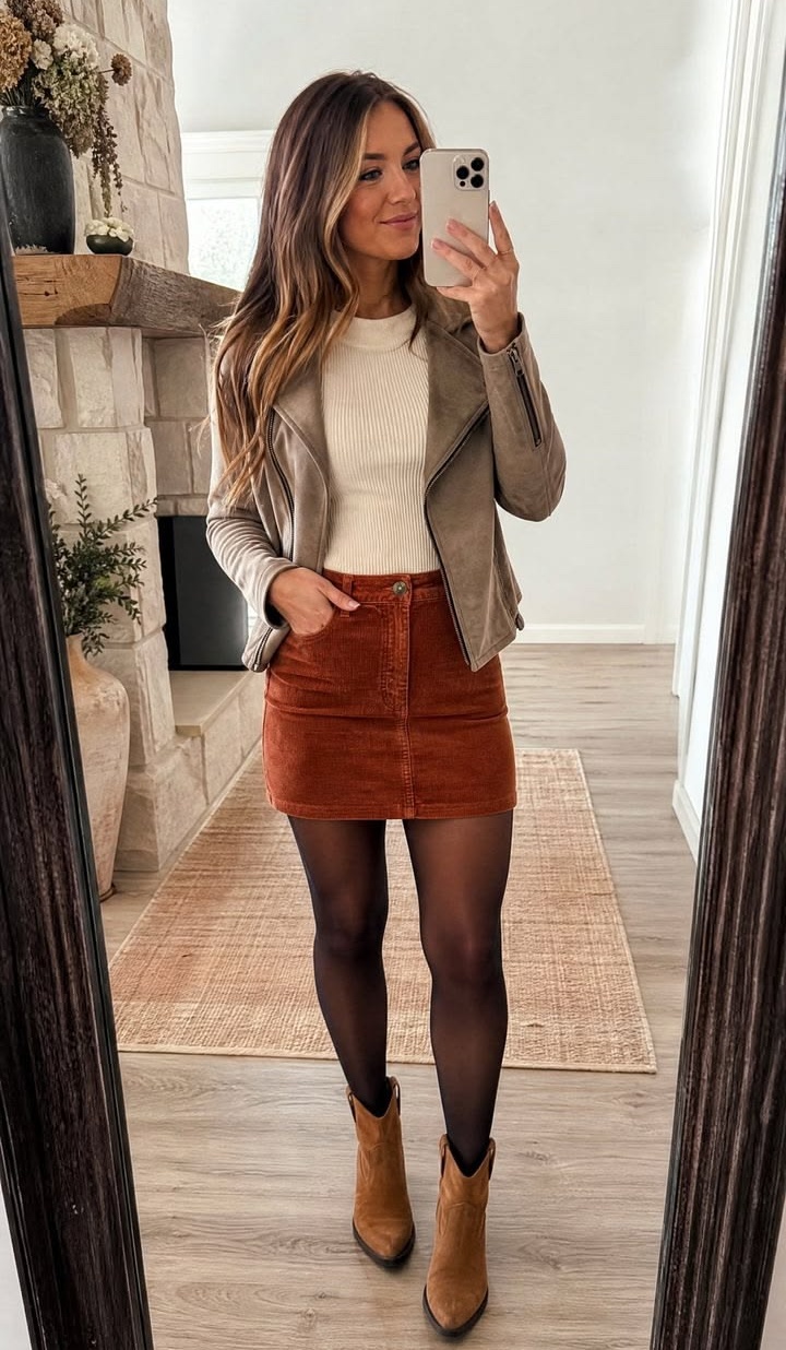 10. Taupe Suede Moto Jacket Layered Over a Rust Cord Skirt