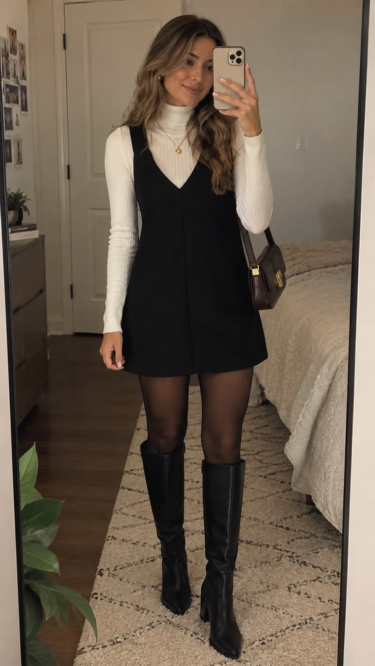 16. Black Pinafore Mini Dress Over a White Ribbed Turtleneck