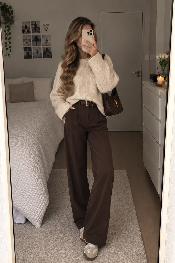 18. Chocolate Wide-Leg Trousers, Cream Sweater, and Suede Sneakers
