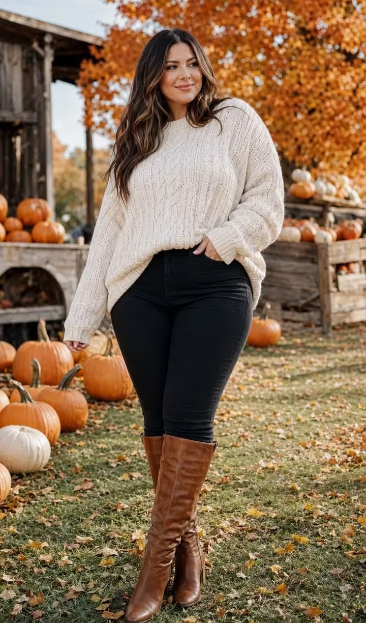 1. Cream Cable-Knit Sweater with Black Skinny Jeans and Cognac Riding Boots