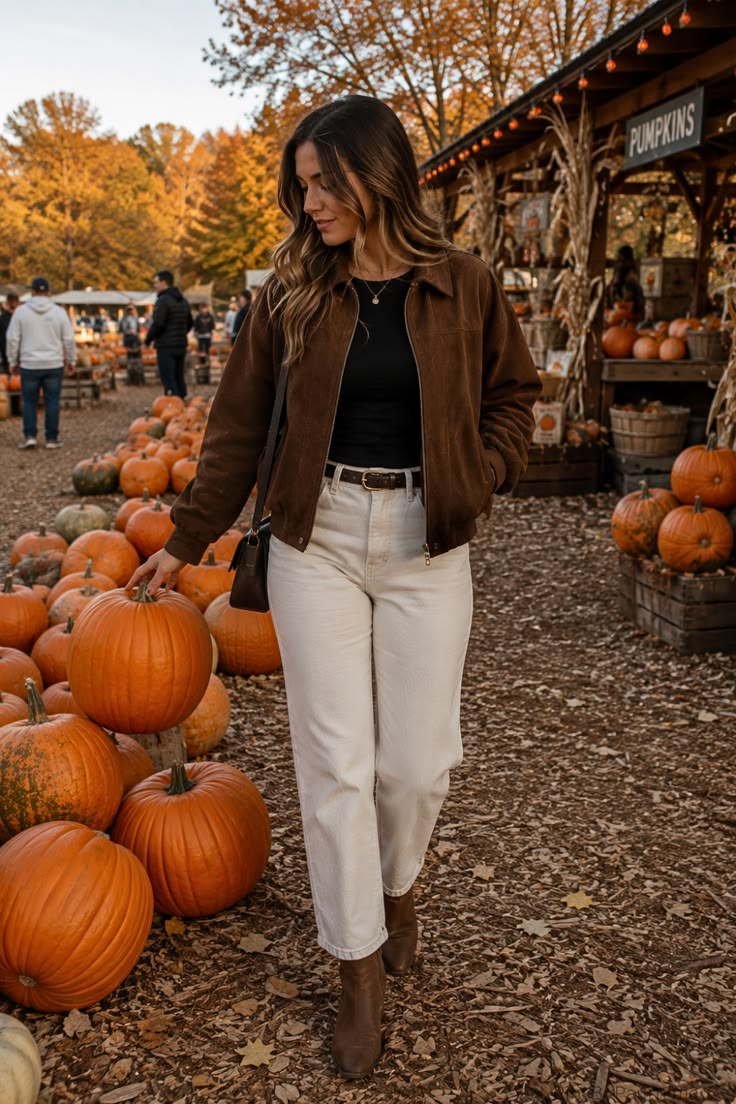 3. Chocolate Suede Zip Jacket Over Cream Straight-Leg Jeans