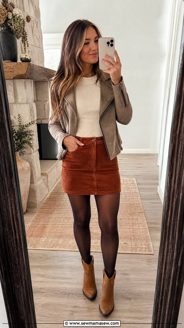 4. Rust Corduroy Mini Skirt Under a Taupe Suede Moto Jacket
