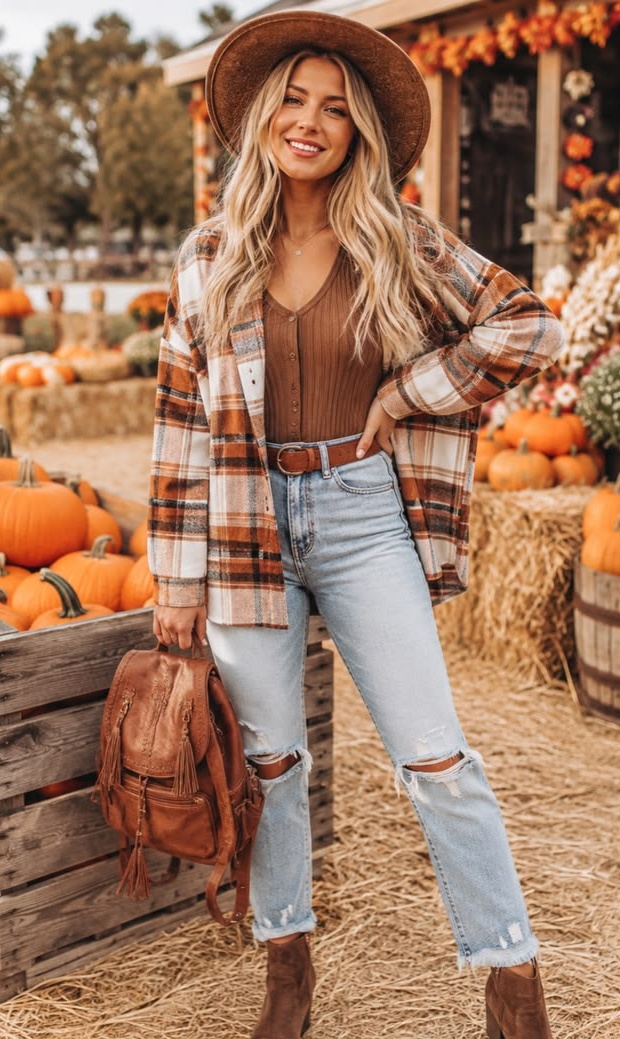 5. Plaid Shacket, Light-Wash Ripped Jeans and a Brown Felt Hat