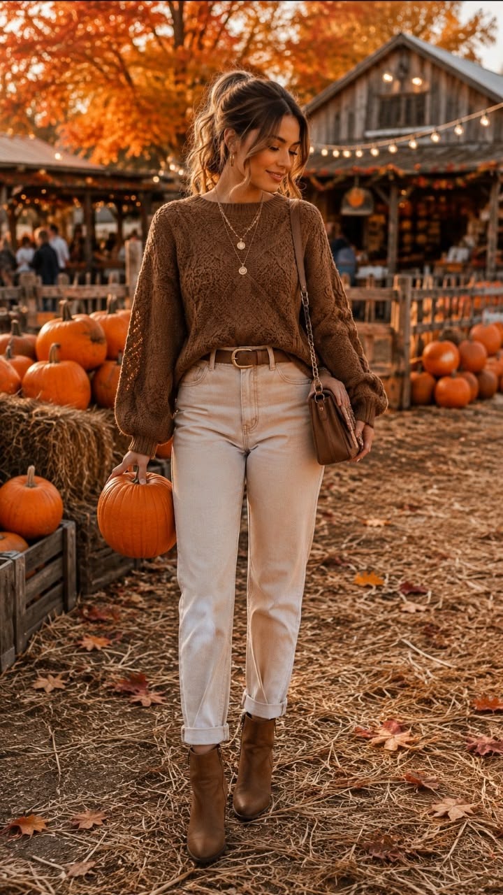 6. Tucked Brown Pointelle Sweater with Cuffed Cream Mom Jeans