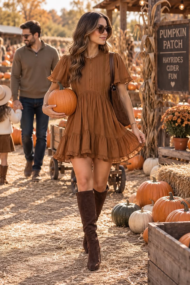 7. Cinnamon Tiered Mini Dress Paired with Chocolate Suede Tall Boots