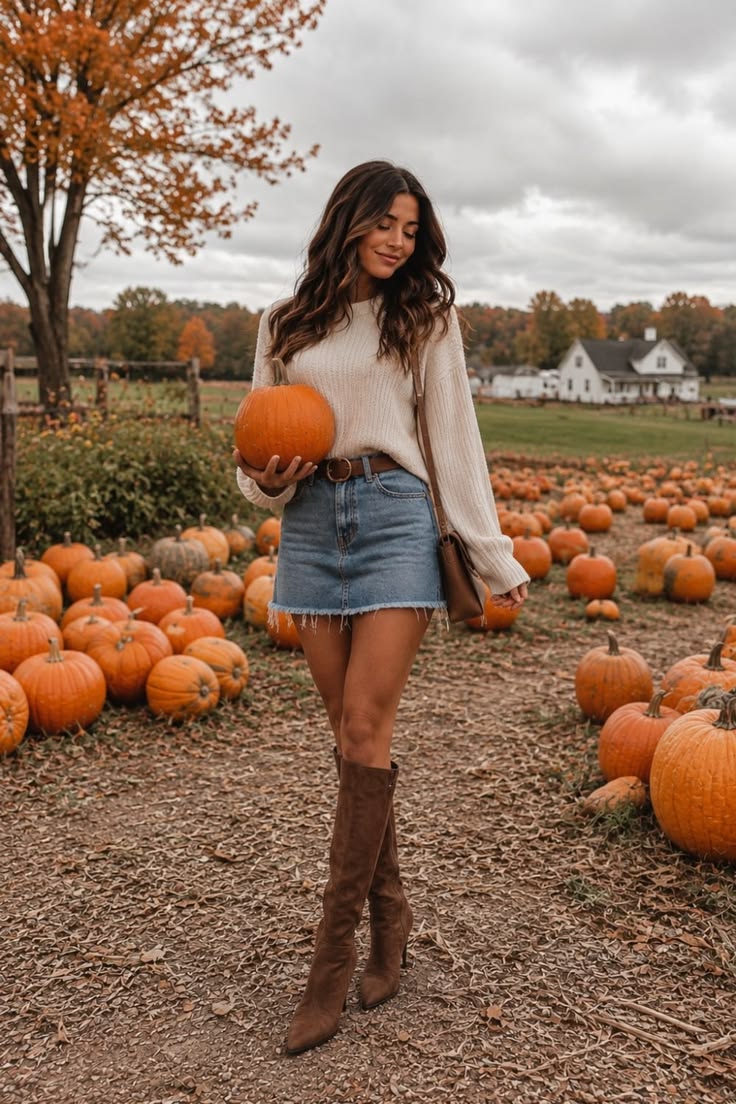 14. Denim Mini Skirt, Belted Oatmeal Sweater and Suede Knee Boots