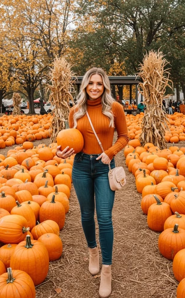 16. Burnt Orange Ribbed Turtleneck with Dark Skinny Jeans and Booties